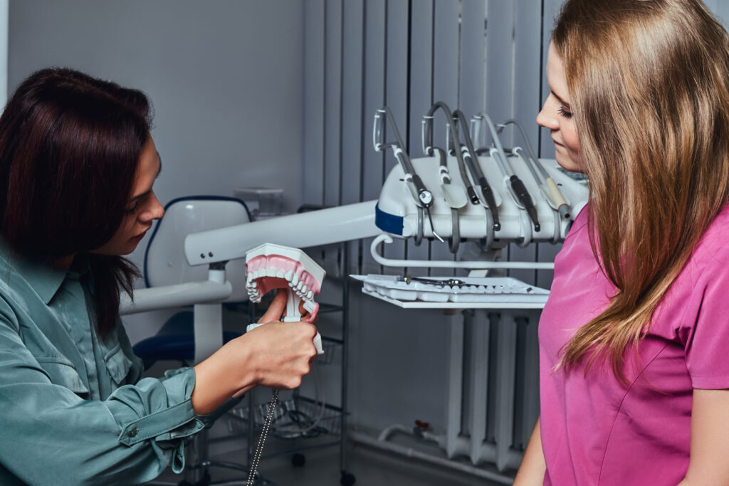 Dentista mostrando como cuidar una prótesis dental